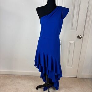 Badgley Mischka Jewel One Shoulder Ruffle High Low Dress Cobalt Blue Size 16 NWT